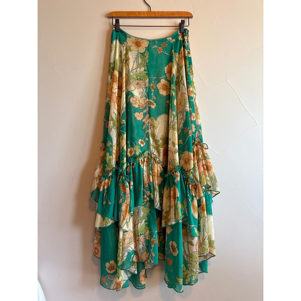 Amber Sky  Green Floral Tiered Ruffle Maxi Skirt Boho Asymmetrical SZ Small
